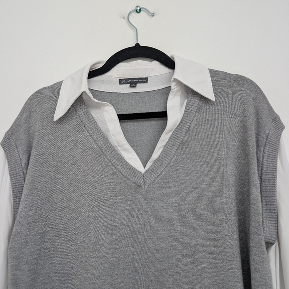 Adrianna Papell Mixed Media Chiffon And Knit Academia V-Neck Sweater Top Sz L - Picture 3 of 14